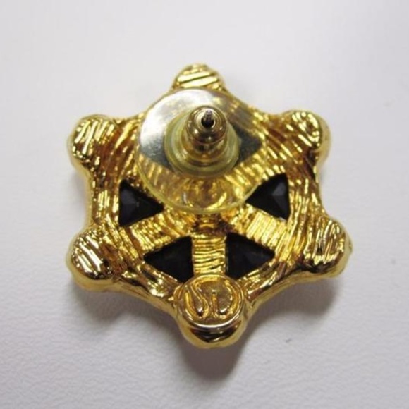 NEW Black/ Gold 22kgp Crystals Hexagon Pierced earrings 1980's Signed - Picture 3 of 4